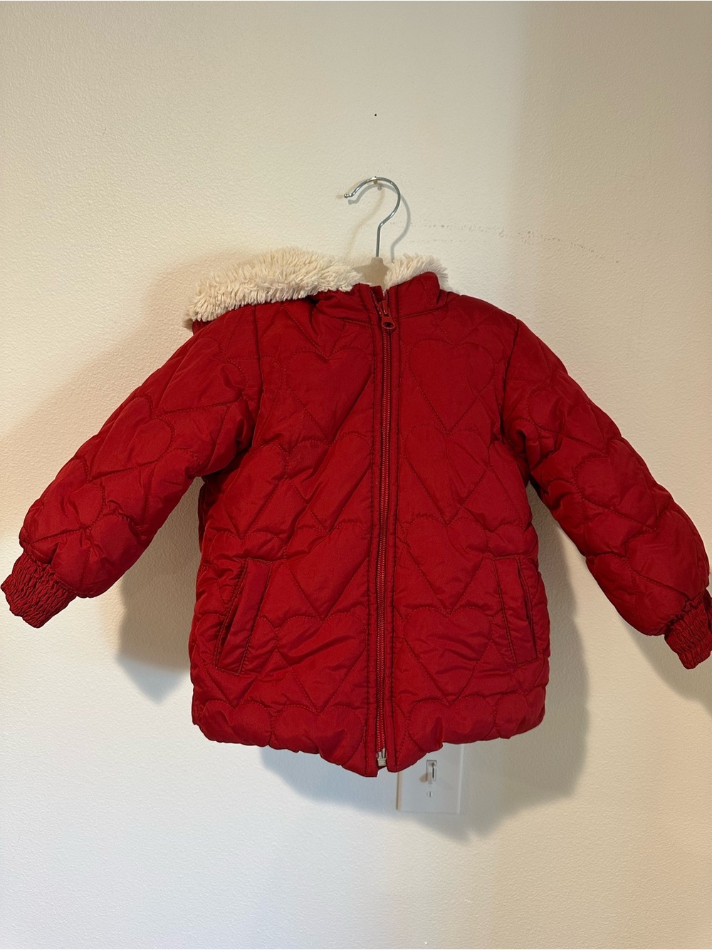 Old Navy Red Quilted Kids' Puffer Jacket with Faux Fur Hood